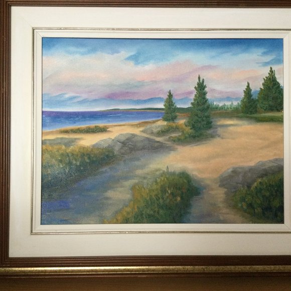 Original art painting on canvas board landscaping wood frame wall hanging signed - Picture 1 of 9